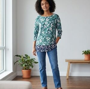 J. Jill Women's 3/4 Sleeve Cotton Modal Tunic Top Green Floral XS Lightweight